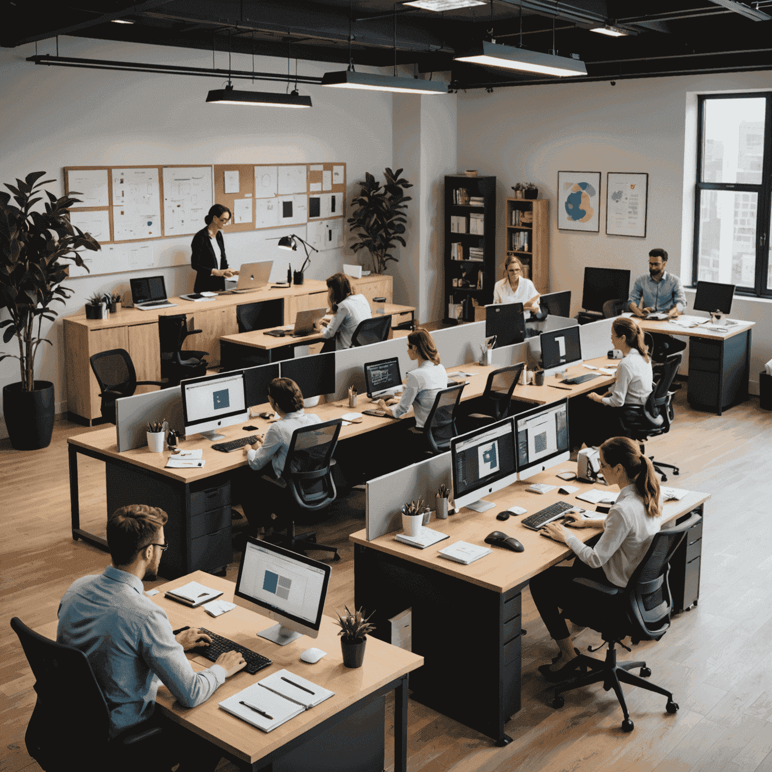 A professional workspace with people collaborating, symbolizing professional services training