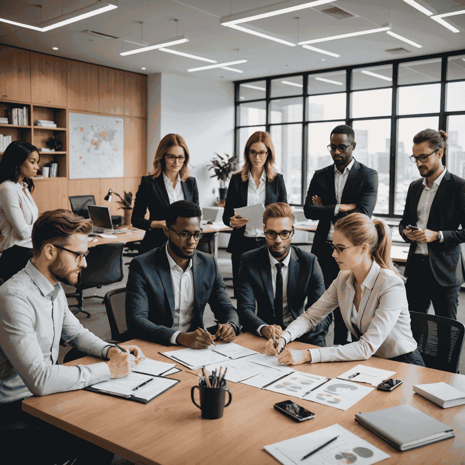 Professional team collaborating on a training project, showcasing diverse skills and expertise in a modern office setting
