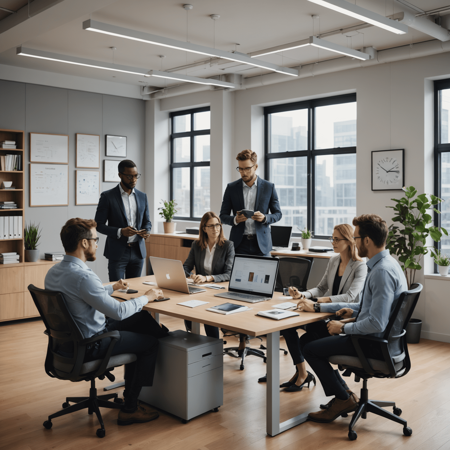 Five professionals demonstrating various skills such as communication, time management, and technology use in a modern office setting