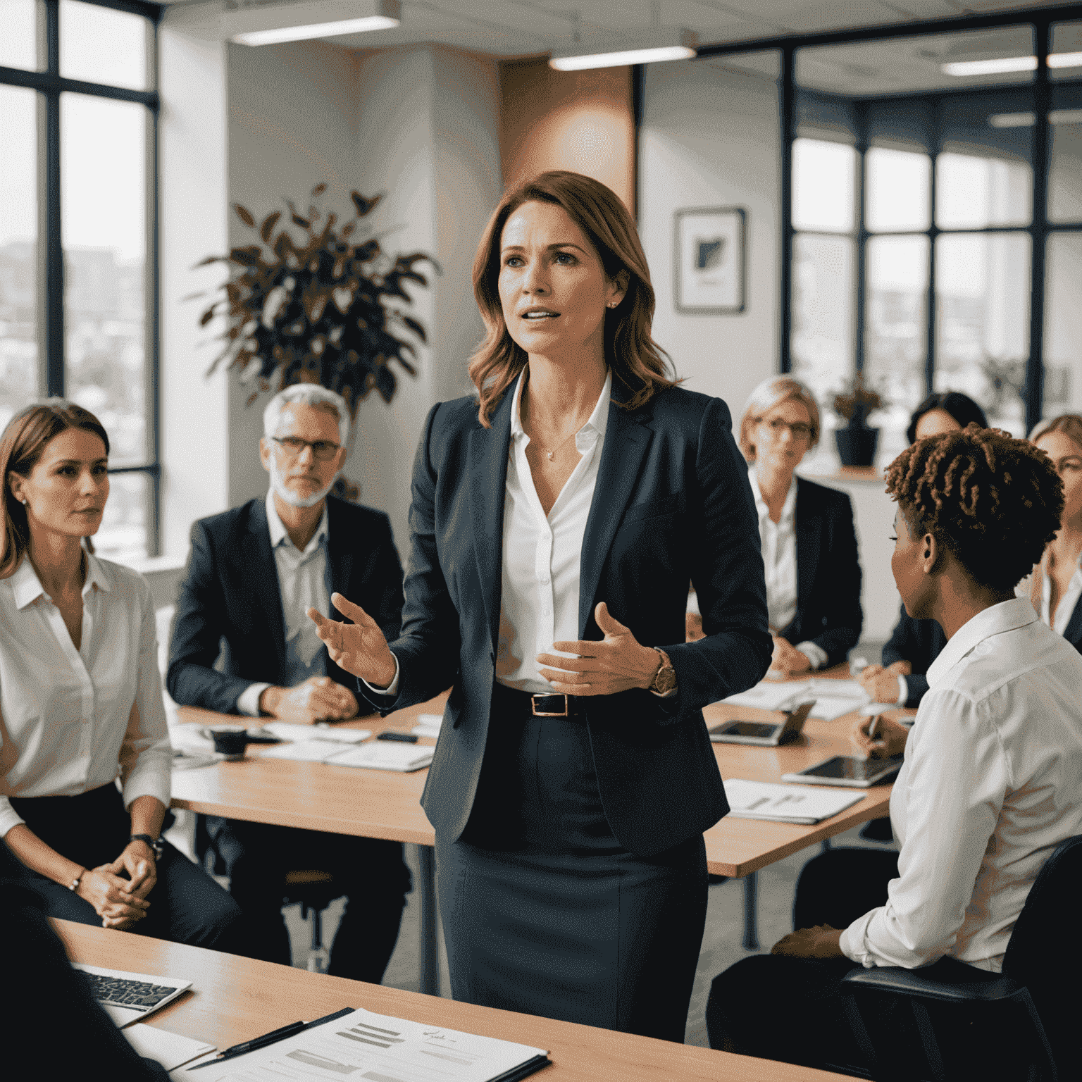 A professional woman presenting to a group in a modern office setting, showcasing leadership and communication skills