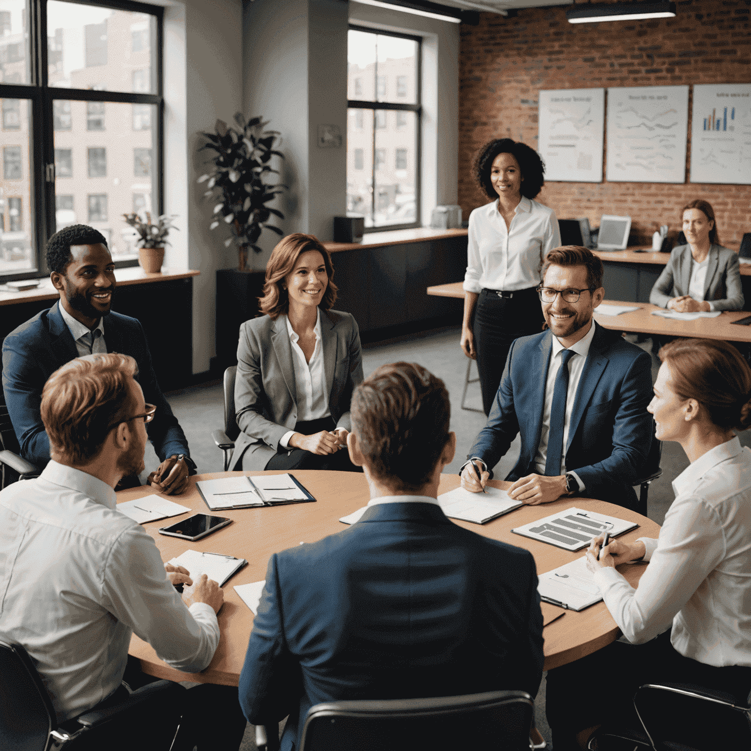 A professional meeting scene with diverse individuals engaged in animated discussion, emphasizing body language and facial expressions that convey active listening and clear communication