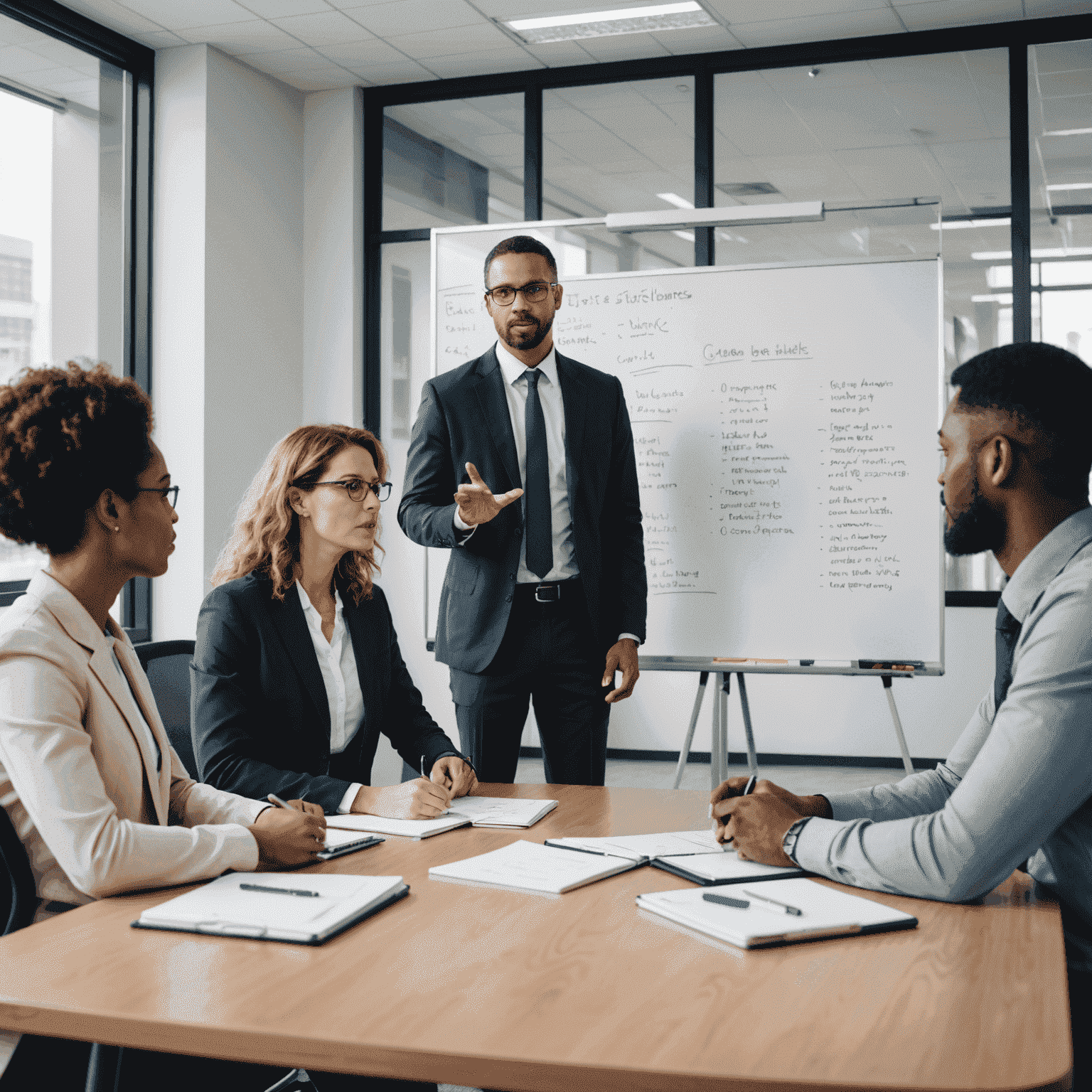 A group of diverse professionals discussing ethics in a modern office setting, with a whiteboard showing ethical principles and dilemmas