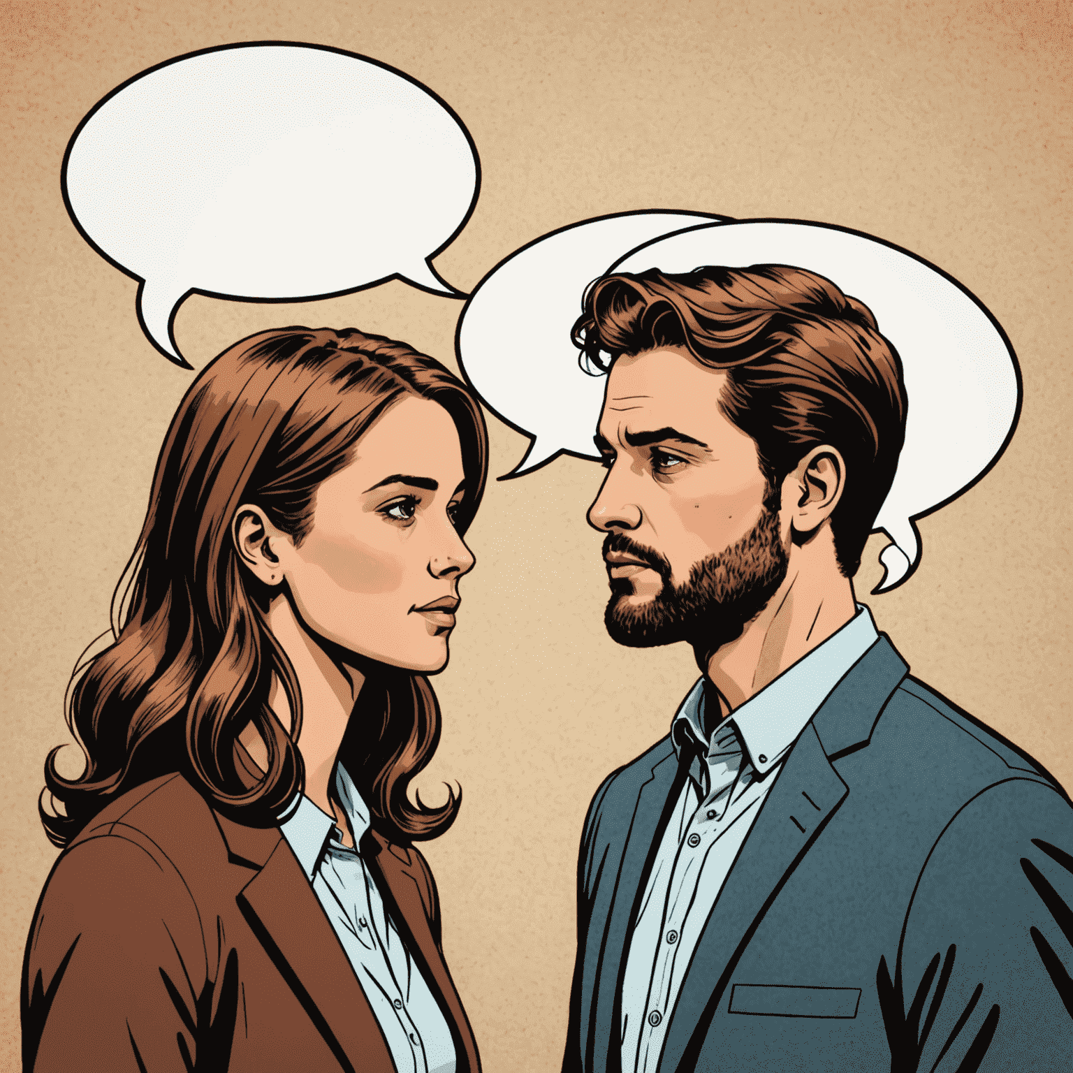 Illustration of two people engaged in a professional conversation with speech bubbles