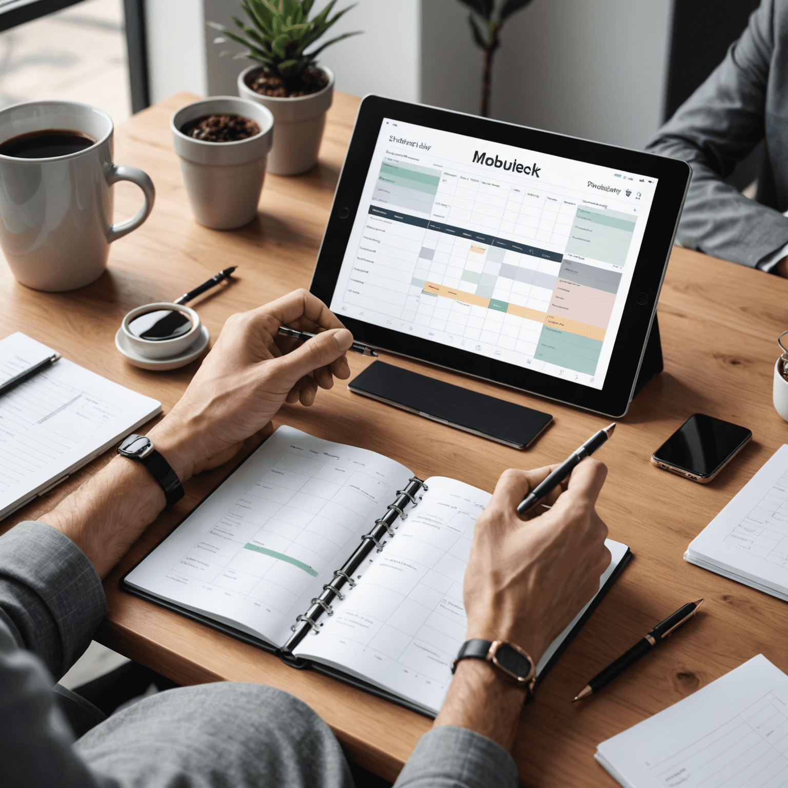 A professional using a digital planner and productivity tools to manage time efficiently
