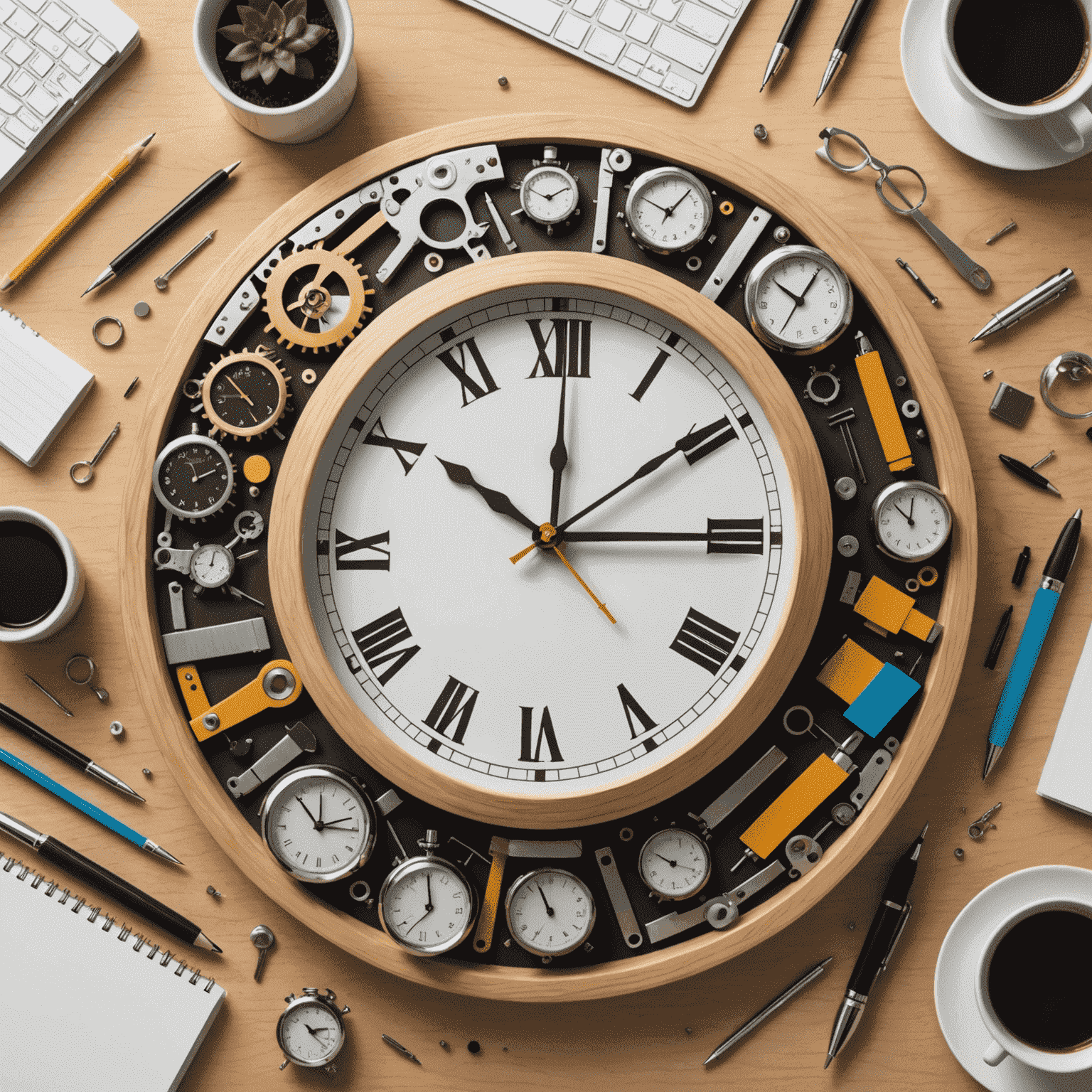 Illustration of a clock with various productivity tools and symbols around it